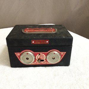 Vintage Black Metal Savings Bank SAN Lion Handle Coin Slot Good Condition